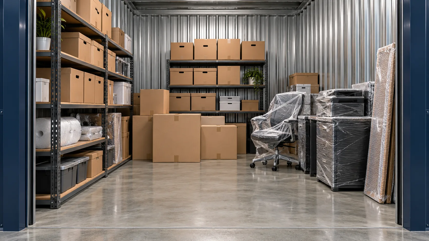Illustrative private unit with organised cartons and protected office items