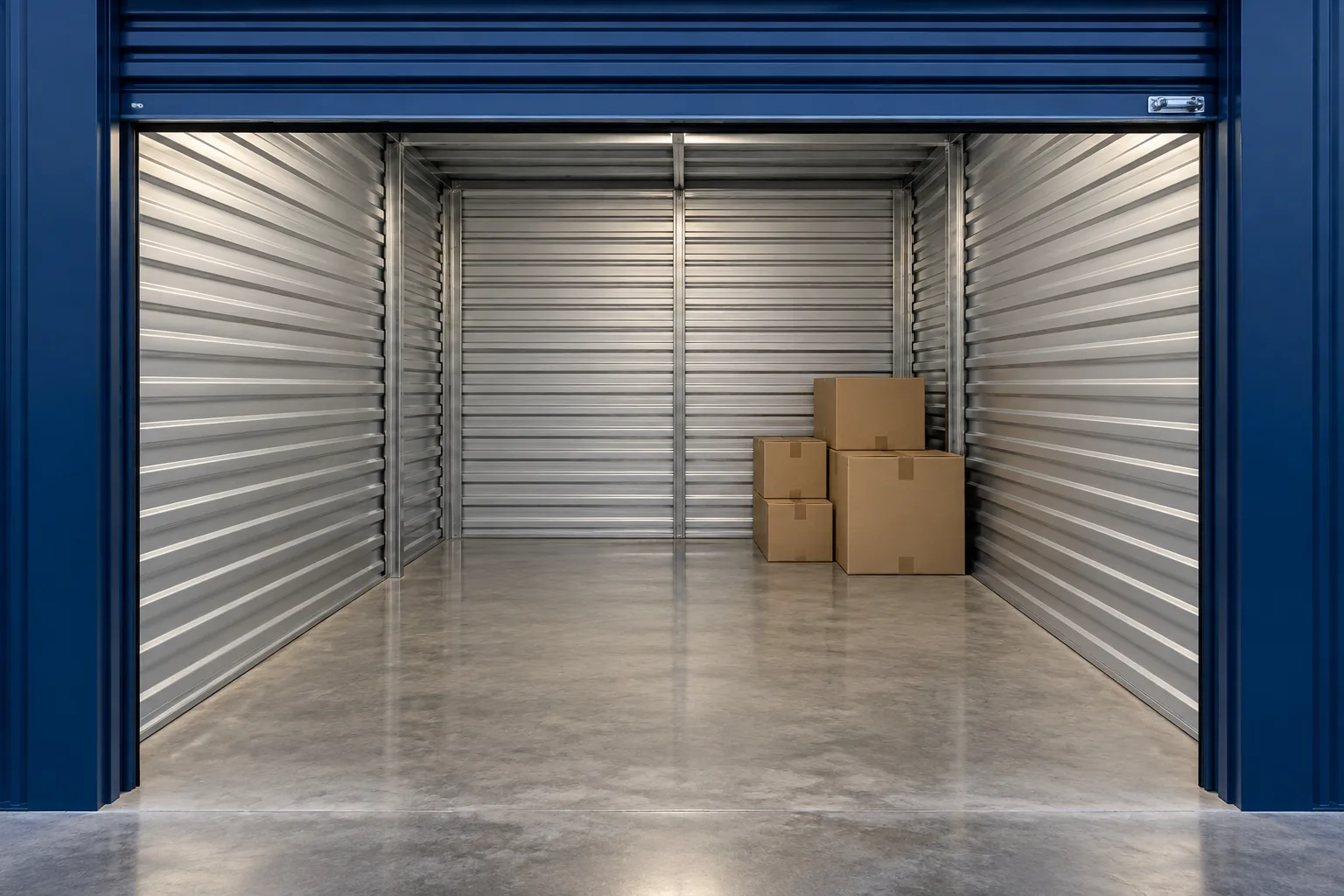 Illustrative private storage room with a few boxes and open floor space