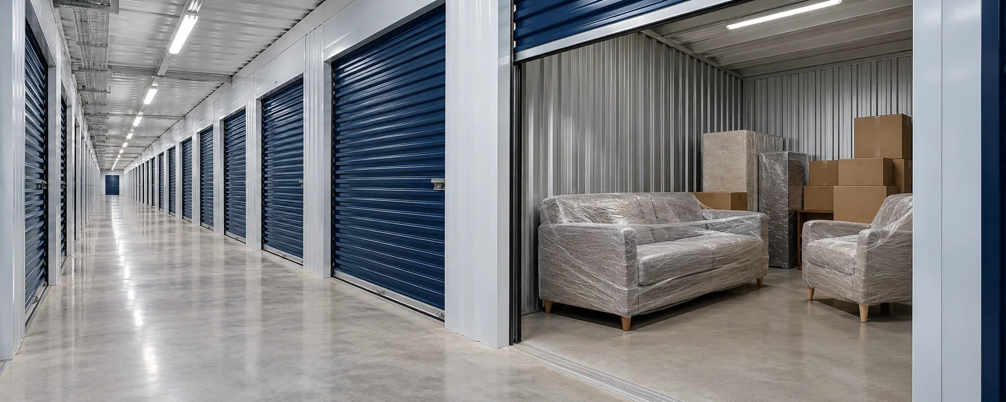 Illustrative private storage corridor with navy doors and an open room containing wrapped furniture