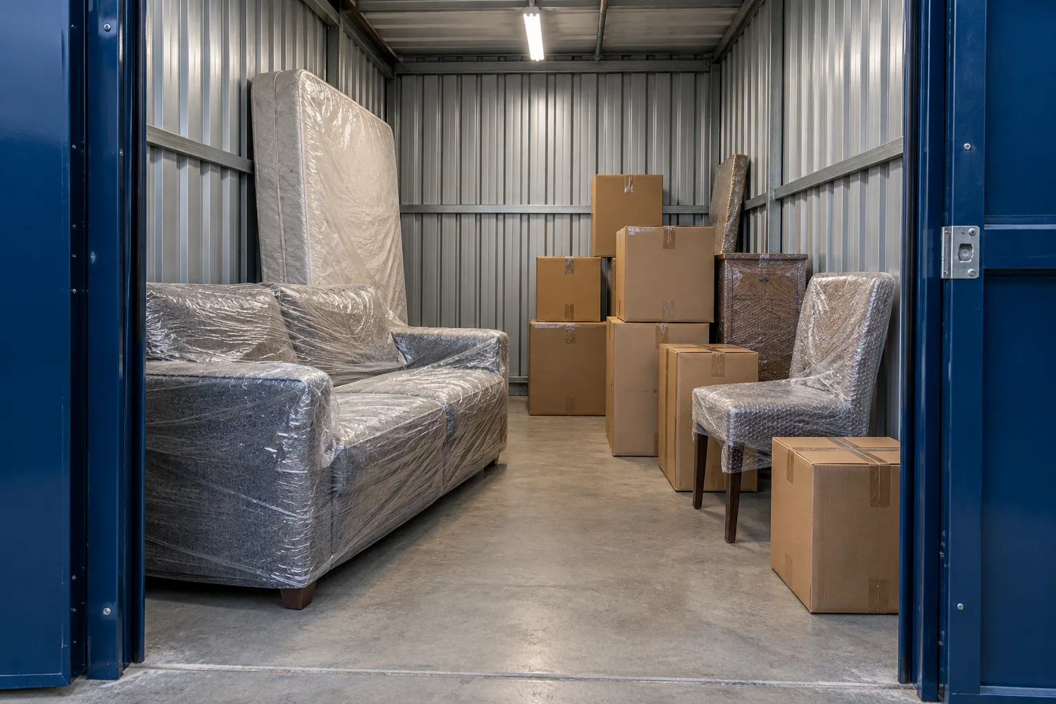 Illustrative private storage room with wrapped furniture and moving cartons