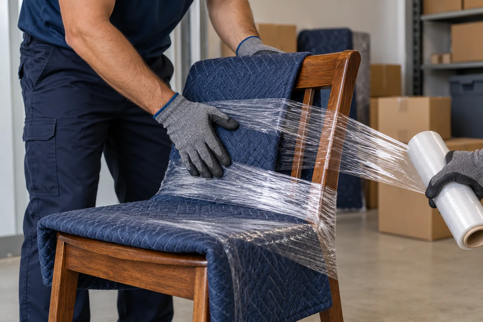 Illustrative worker carefully wrapping a chair for storage