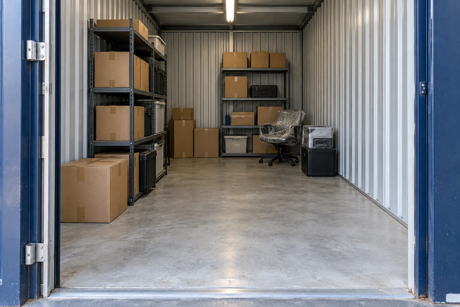 Illustrative partly filled private room with organised business stock and clear floor space