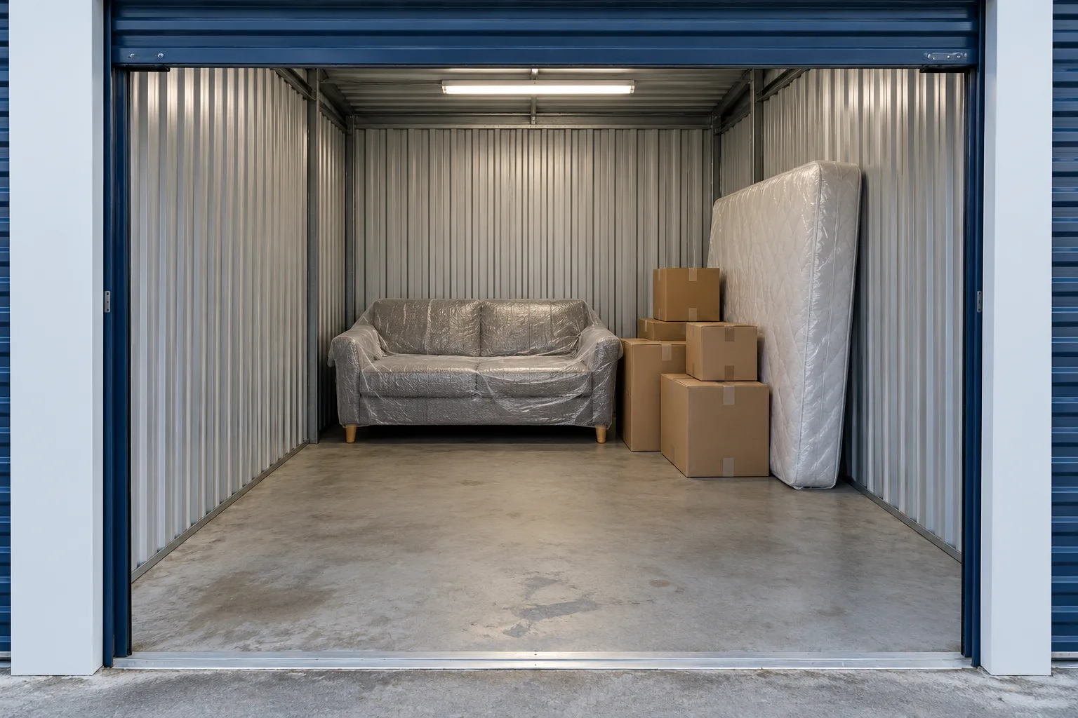 Illustrative partly filled private room with wrapped furniture and clear floor space